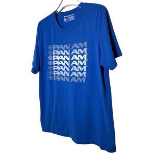 PAN AM AIRWAYS Airline T-shirt Size Large Blue Vintage Retro Stacked Logo